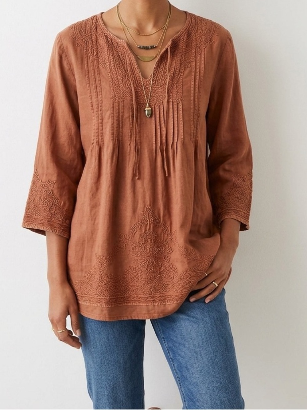 Solitaire Rust Embroidered Tunic Top